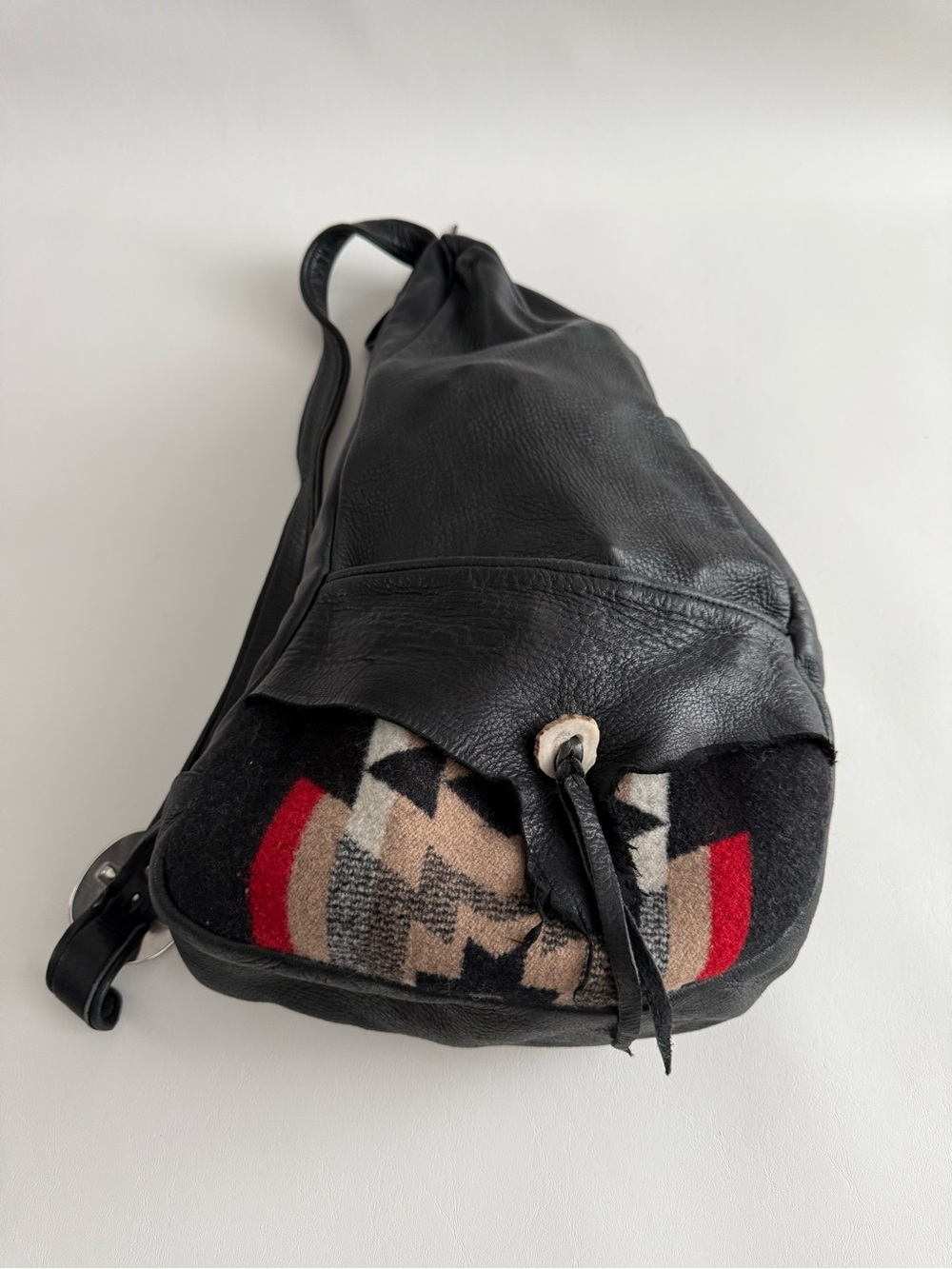 Hand Crafted Black Leather Crossbody Bag with Patterned Pendleton wool accents
